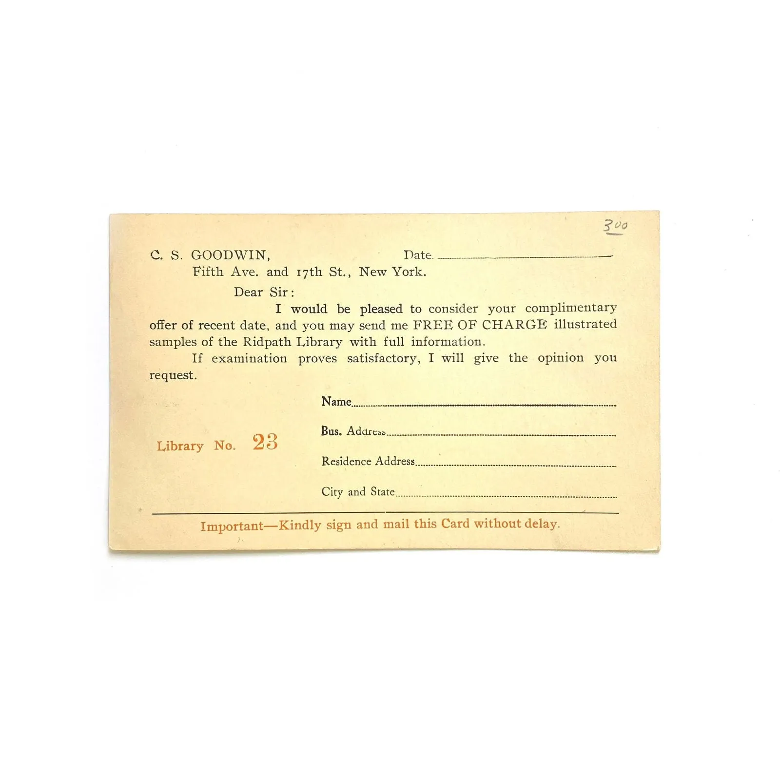 Antique Postal Card - C.S. Goodwin Complimentary Offer - One Cent