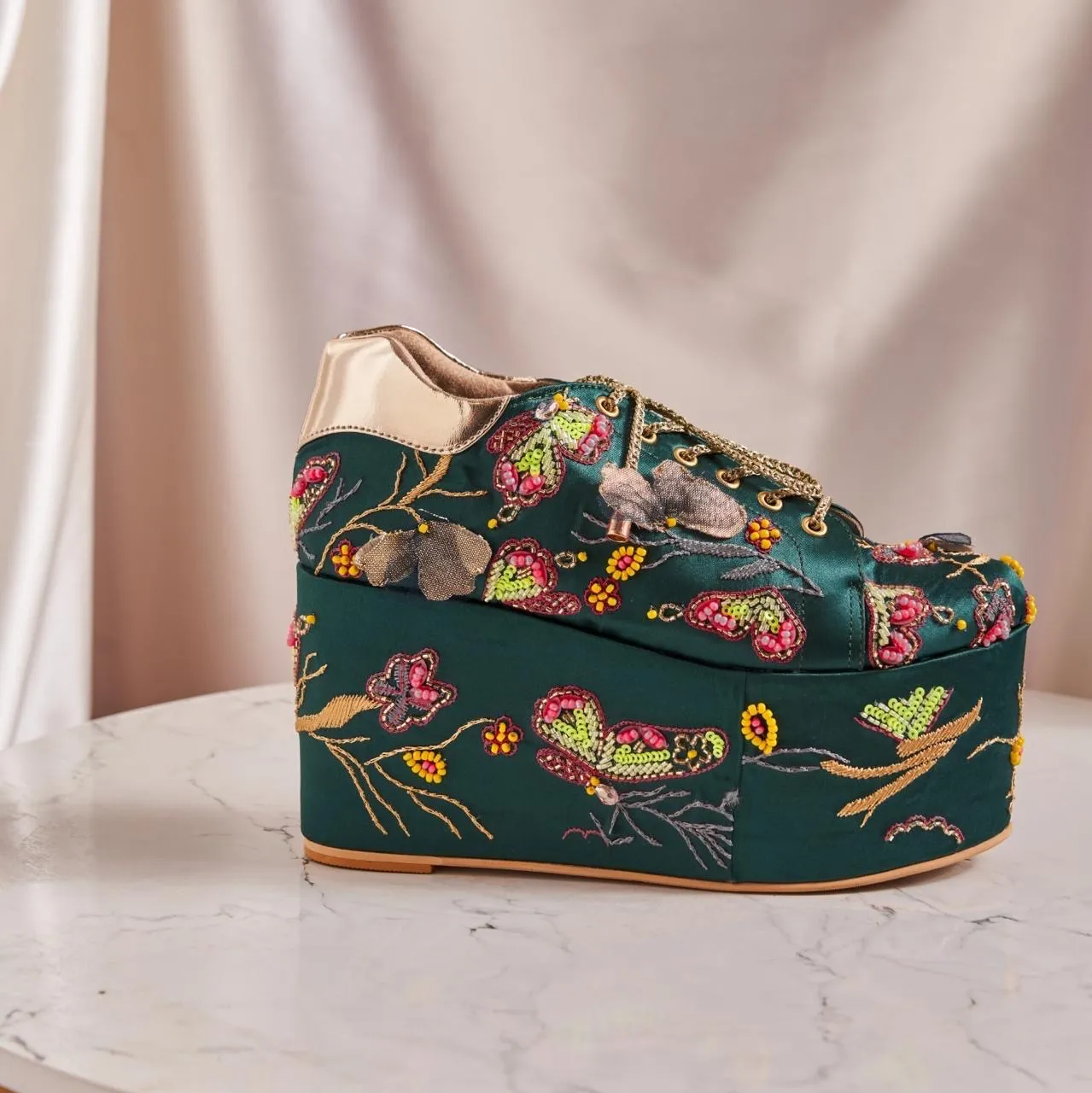 Vibrant Neon Green Butterfly Beaded Sneakers – Comfortable Fully Cushioned Platform Shoes