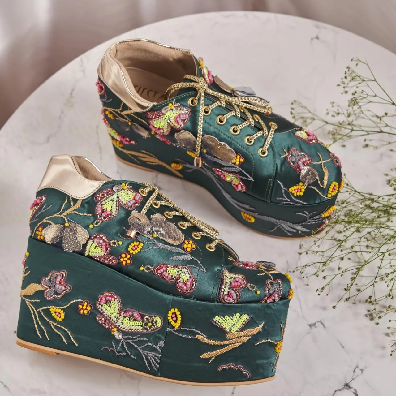 Vibrant Neon Green Butterfly Beaded Sneakers – Comfortable Fully Cushioned Platform Shoes