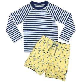 Cabana Life Pre-Teens Swim Shorts & Rashguard Set 302-B-YA9- Navy/ Yellow
