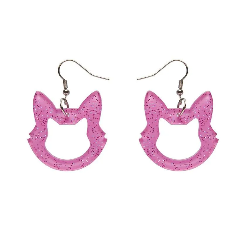 Cat Head Glitter Resin Drop Earrings - Pink