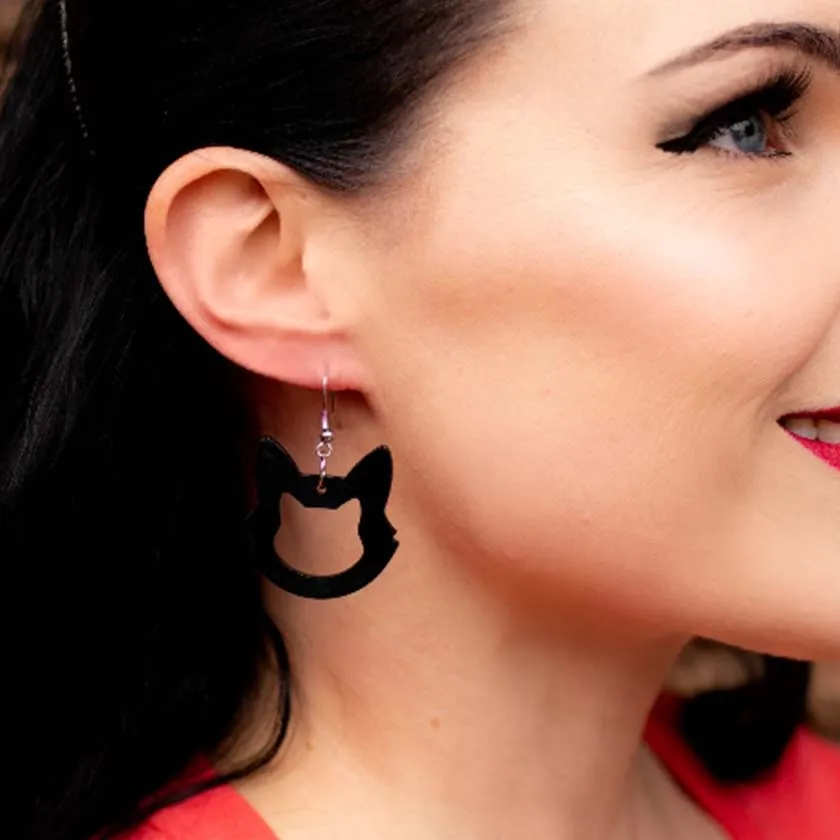 Cat Head Ripple Resin Drop Earrings - Black