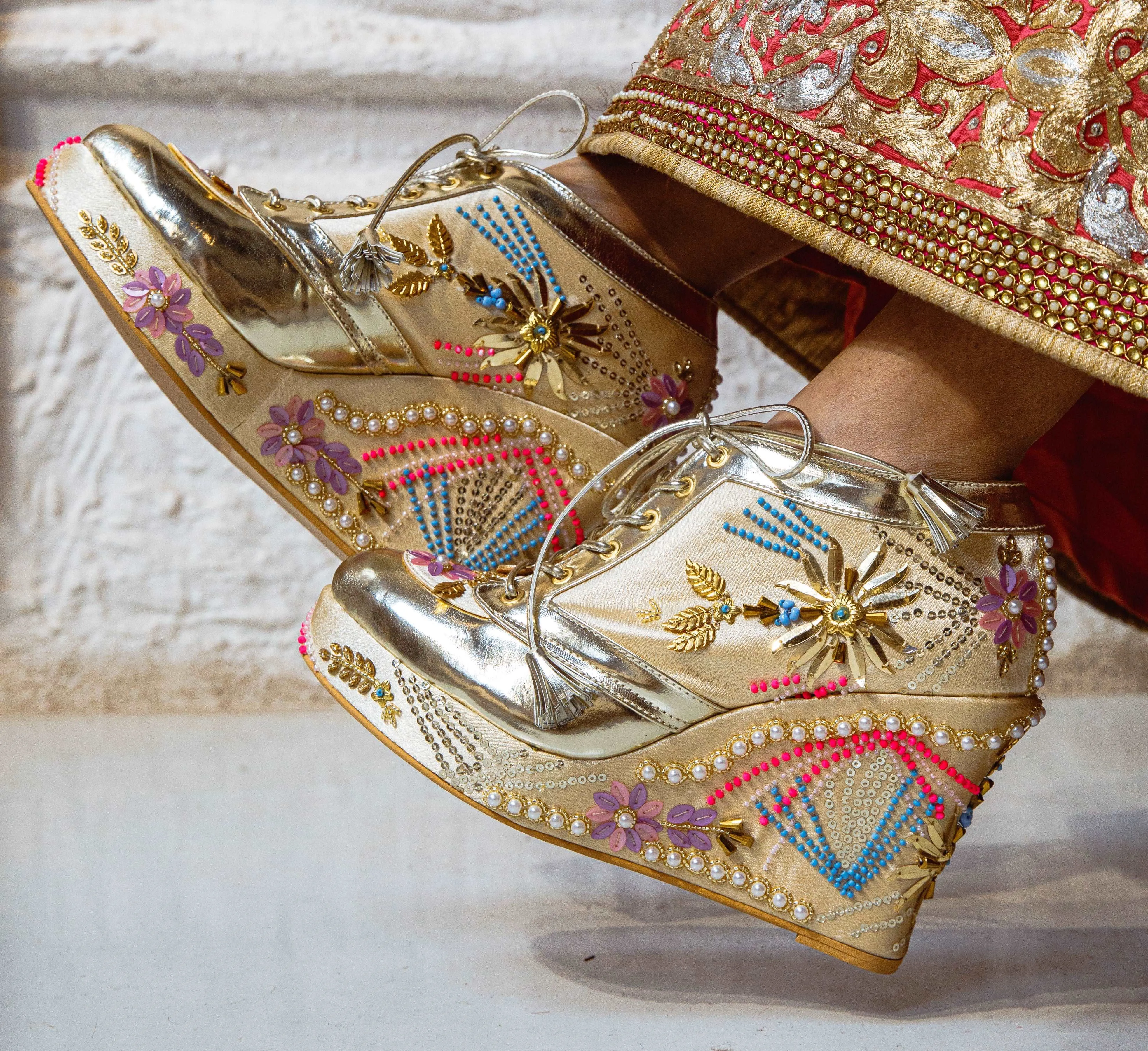 Gold Embroidered Bridal Sneaker Wedges - Customized Wedding Shoes