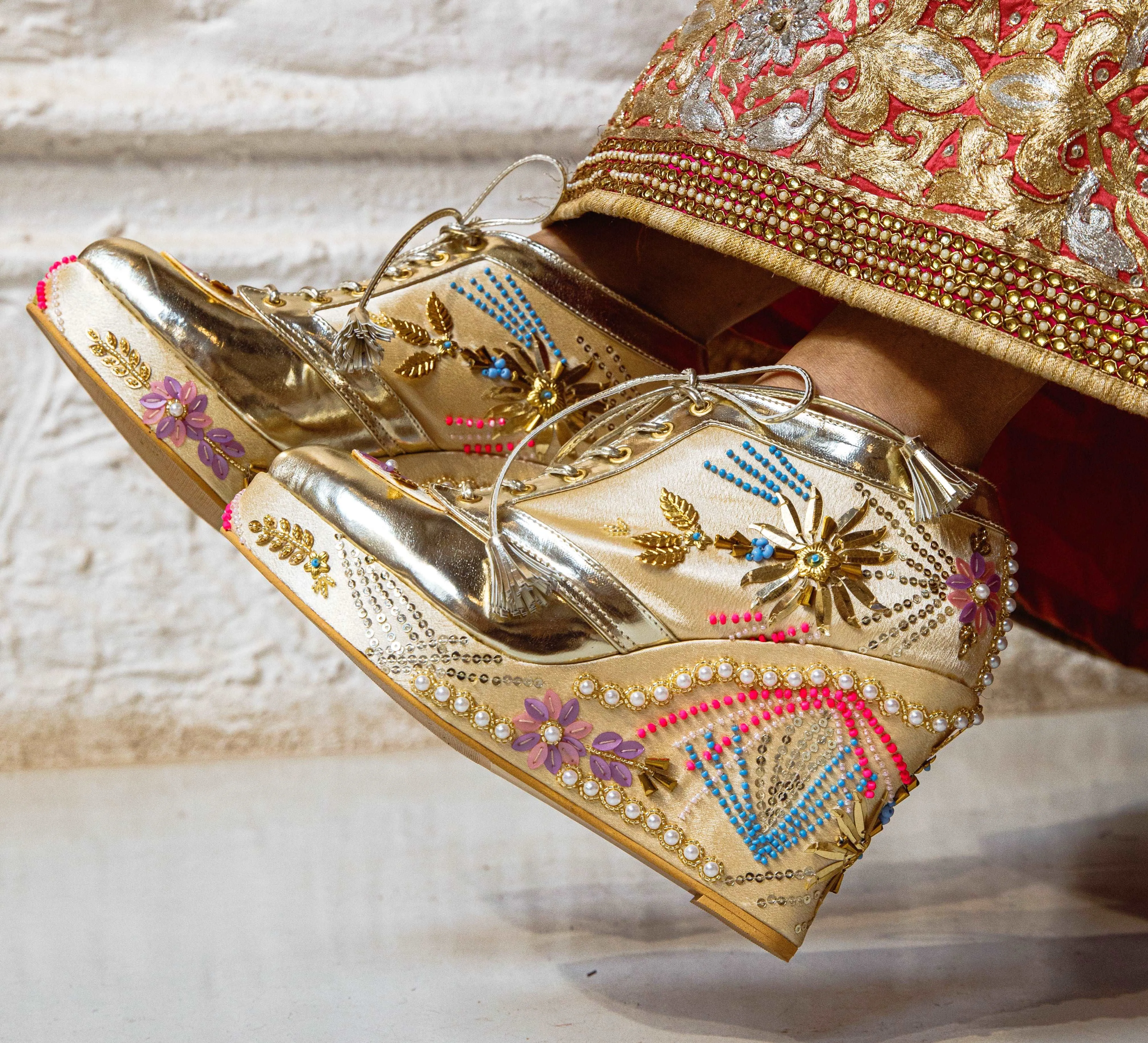 Gold Embroidered Bridal Sneaker Wedges - Customized Wedding Shoes