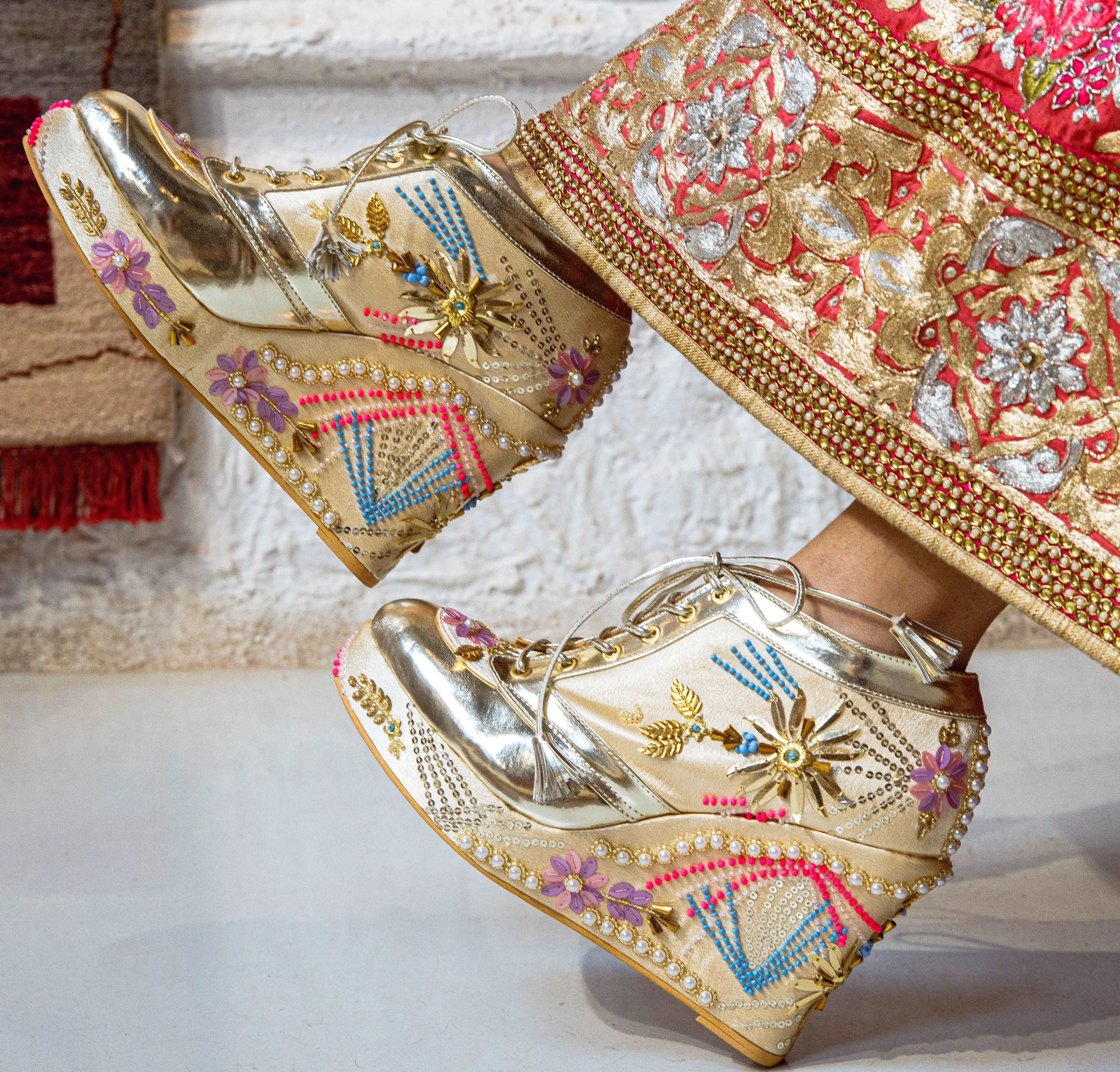 Gold Embroidered Bridal Sneaker Wedges - Customized Wedding Shoes