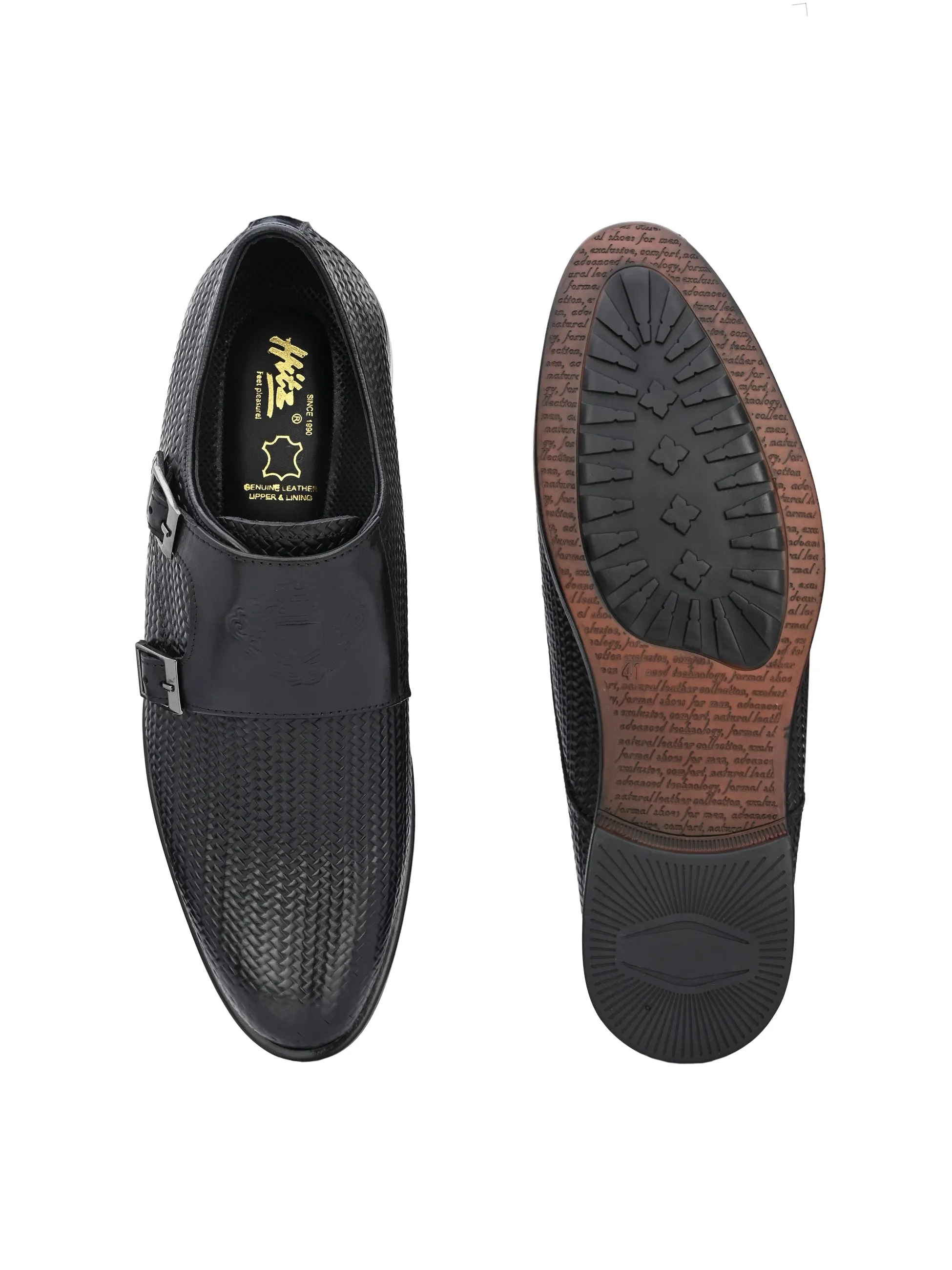 Hitz Men's Black Leather Doble Monk Semi-Formal Shoes