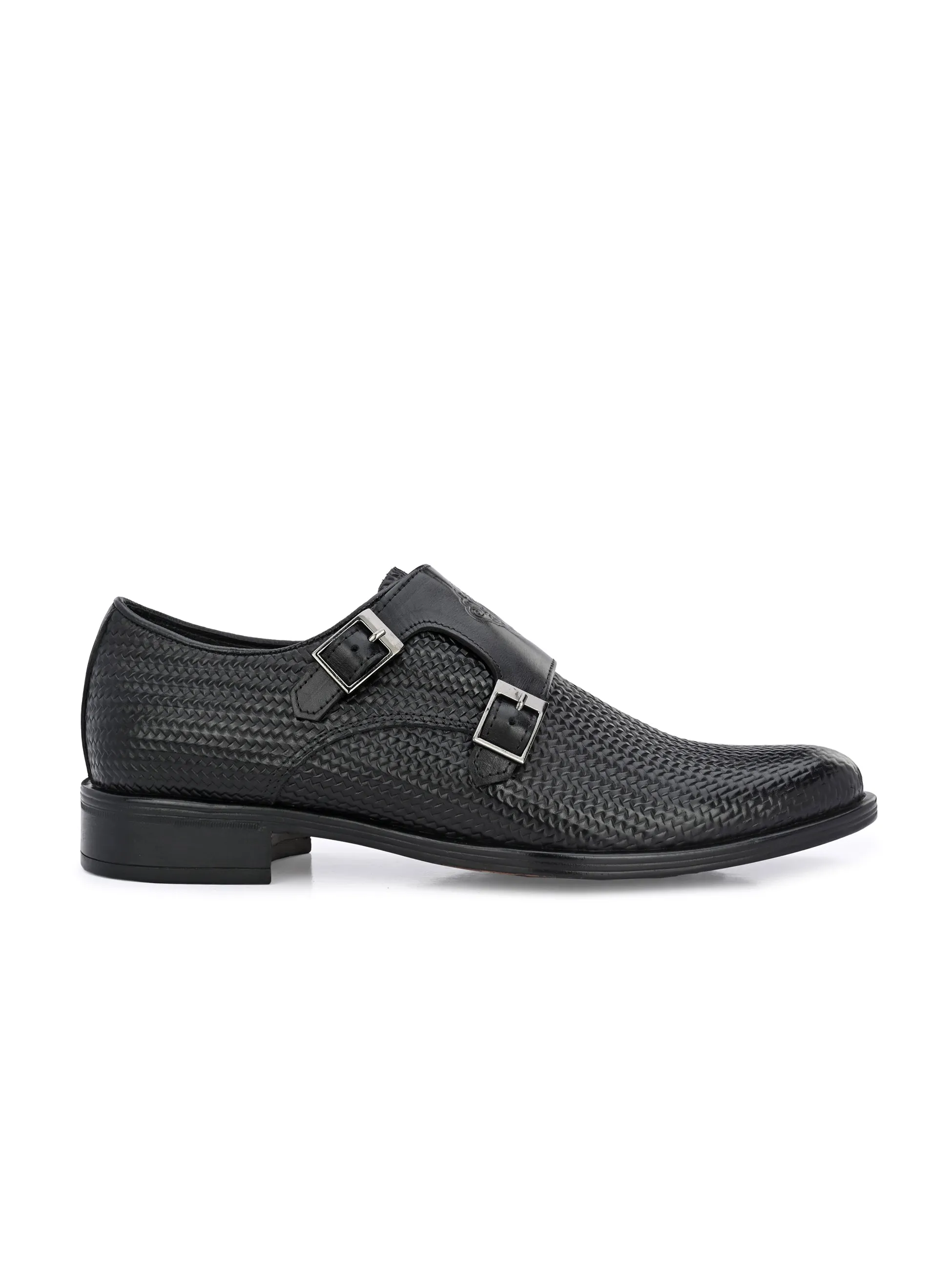 Hitz Men's Black Leather Doble Monk Semi-Formal Shoes