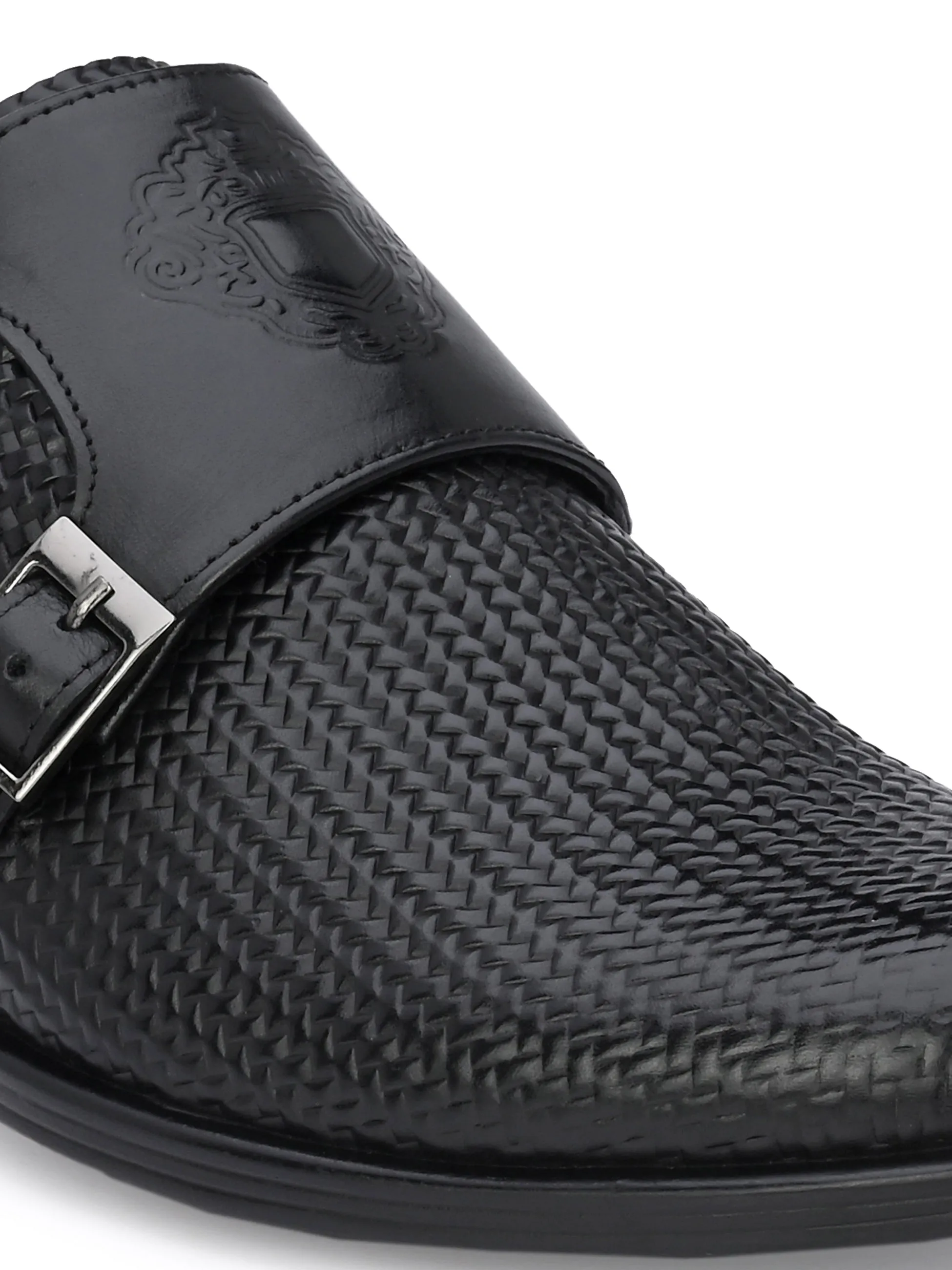 Hitz Men's Black Leather Doble Monk Semi-Formal Shoes