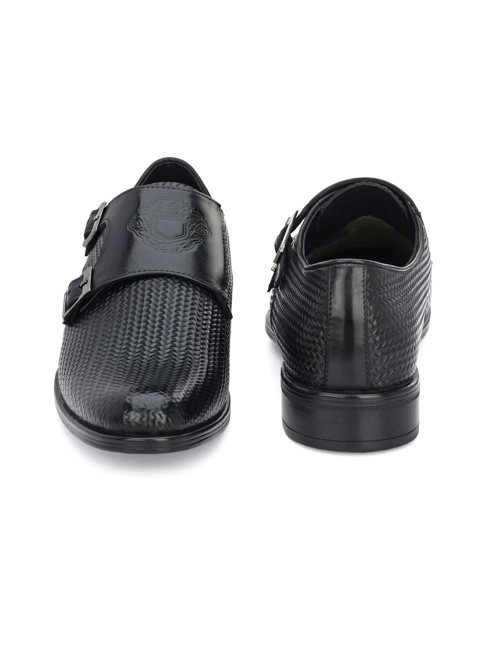 Hitz Men's Black Leather Doble Monk Semi-Formal Shoes