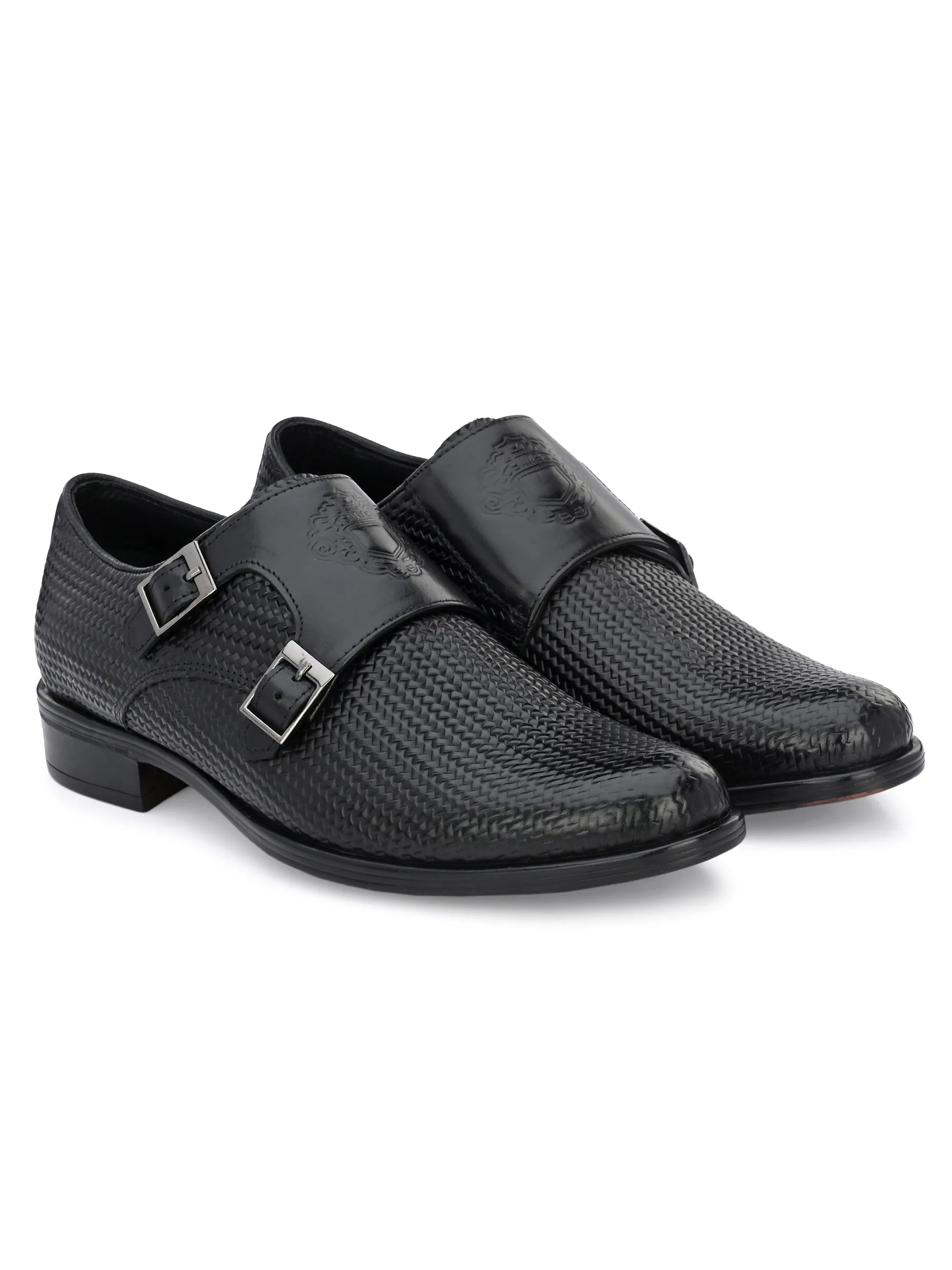 Hitz Men's Black Leather Doble Monk Semi-Formal Shoes