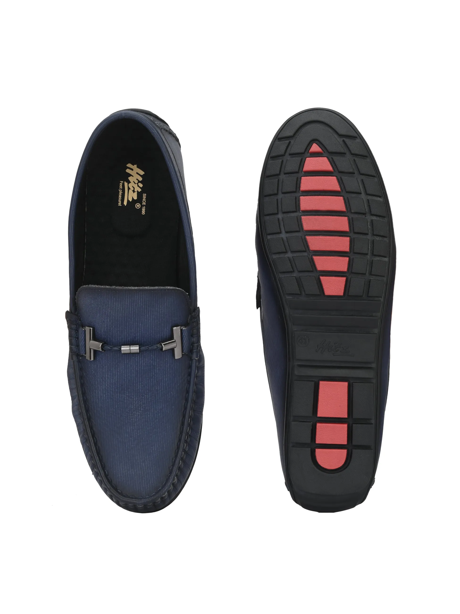 Hitz Men's Blue Leather Slip-On Casual Loafer Shoes