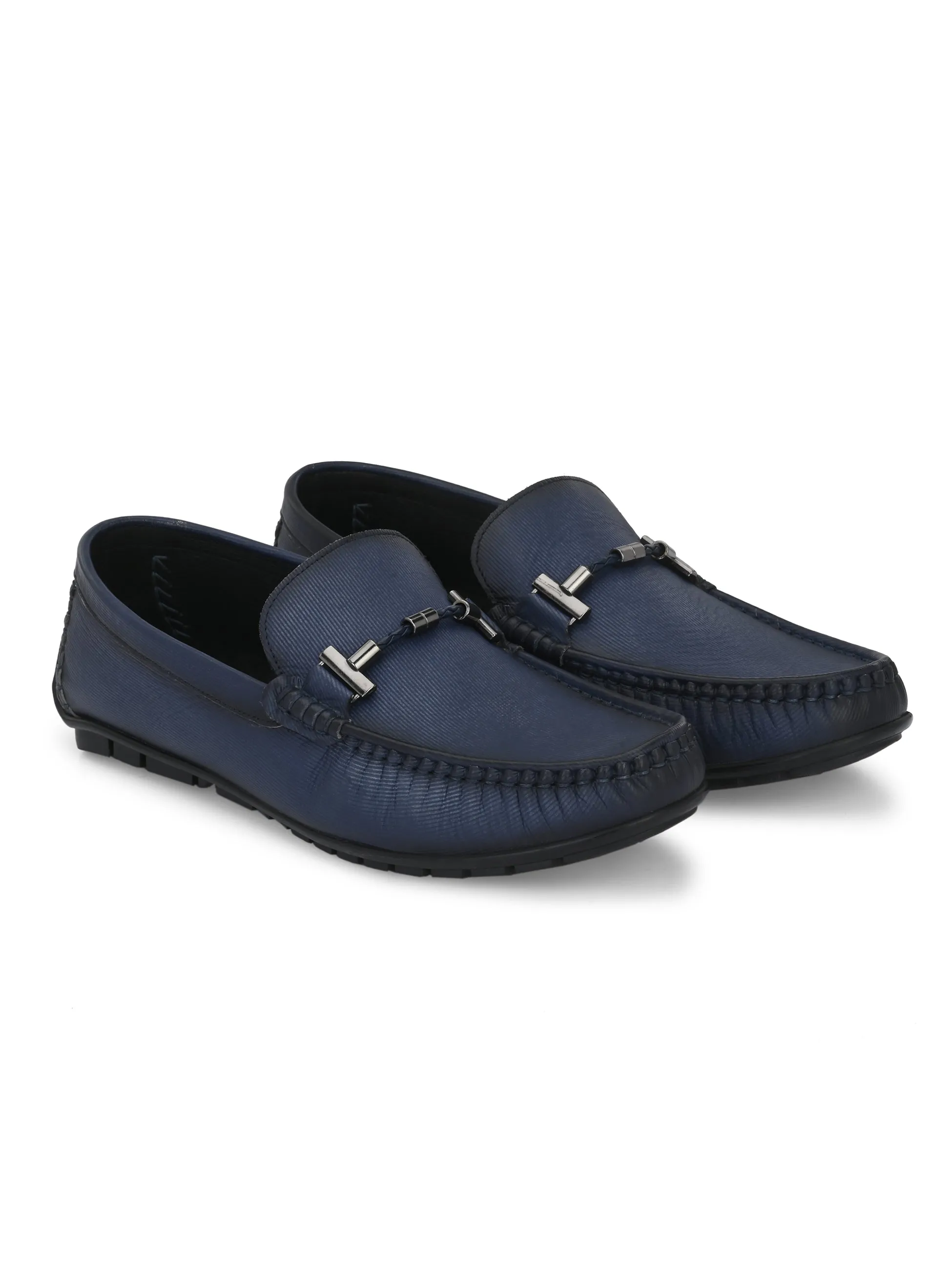 Hitz Men's Blue Leather Slip-On Casual Loafer Shoes