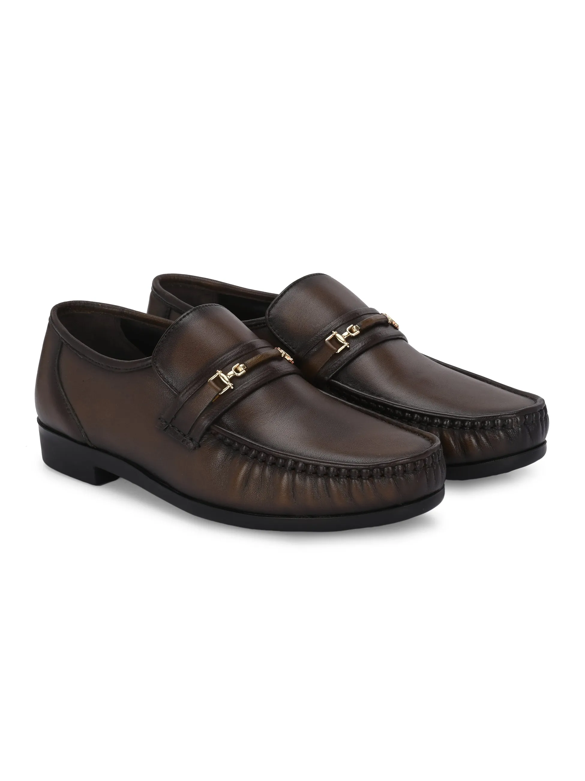 Hitz Men's Brown Leather Formal Slip On Shoes