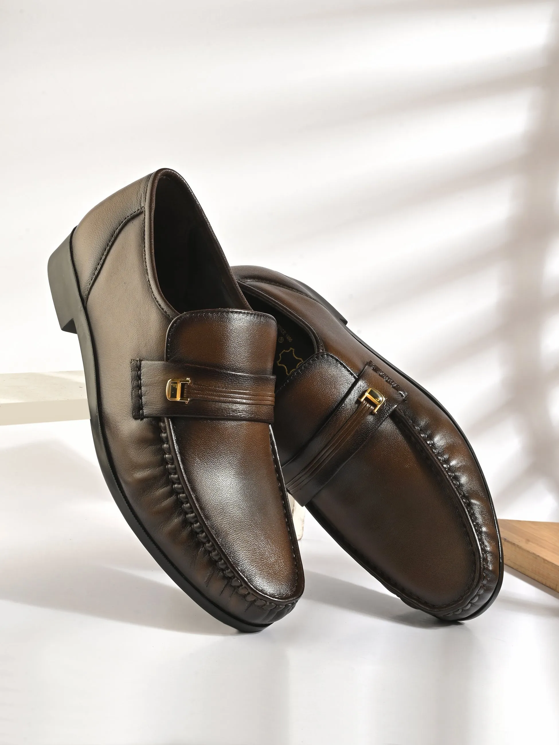 Hitz Men's Brown Leather Formal Slip On Shoes