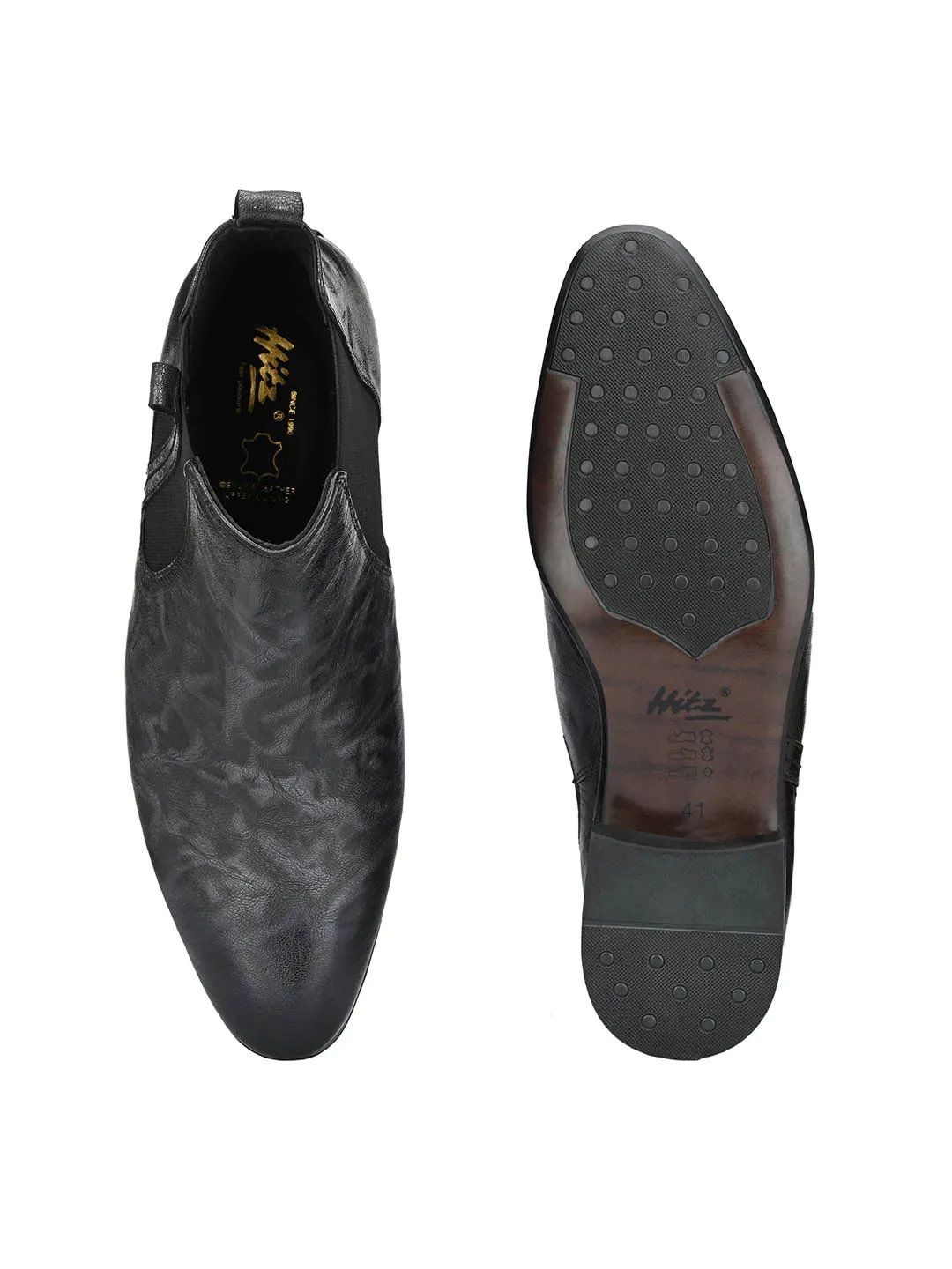 Hitz Men's Grey Leather Slip On Boots with Elastic