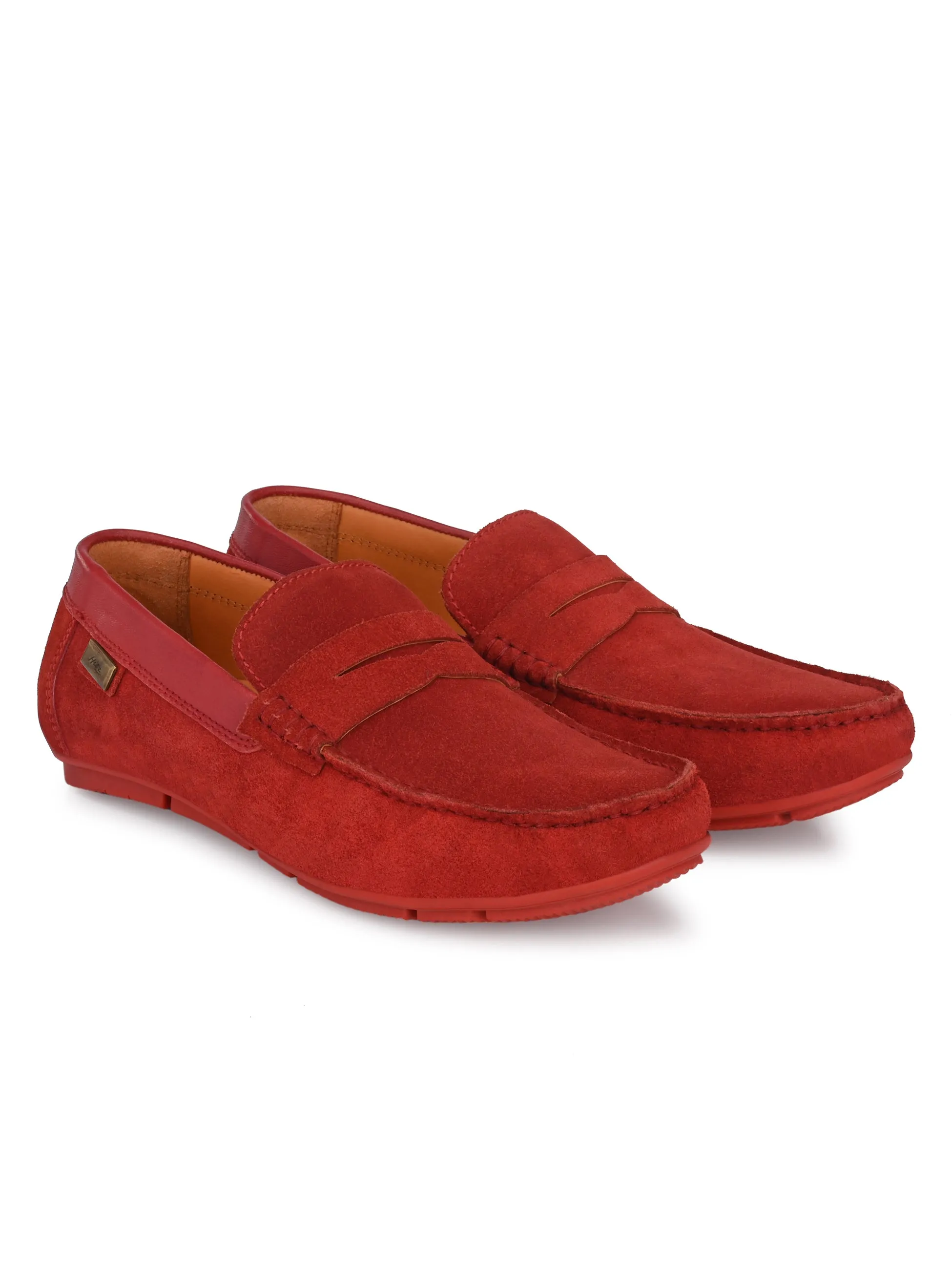Hitz Men's Red Leather Slip-On Casual Loafer Shoes
