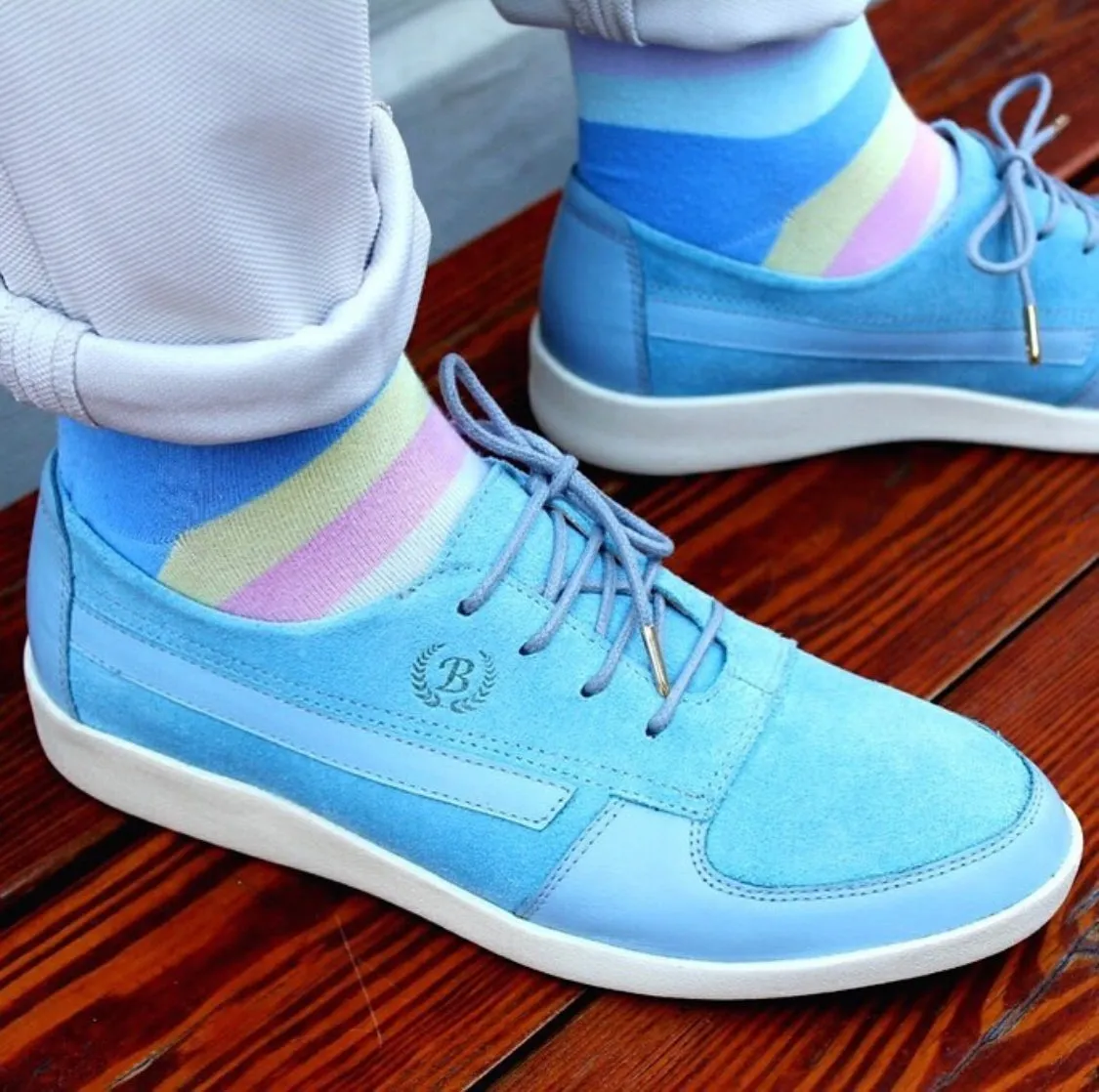 Johnny Famous Bally Style Midtown Men's Baby Blue Suede and Leather Low Tops
