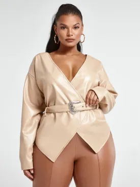 Karine Faux Leather Belted Wrap Jacket