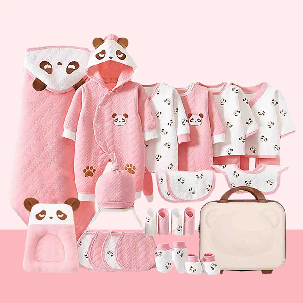 Little Surprise Box 27 Pcs Pink Sleepy Panda Newborn Baby Girl/ Boy All Season Wear Gift Hamper With Suitcase