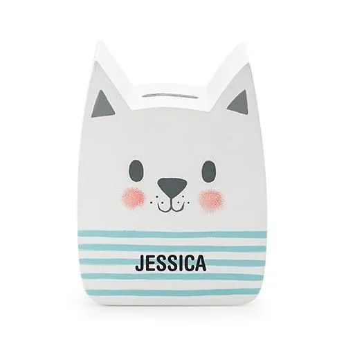 PERSONALIZED WOODEN PIGGY BANK FOR KIDS - WHITE CAT