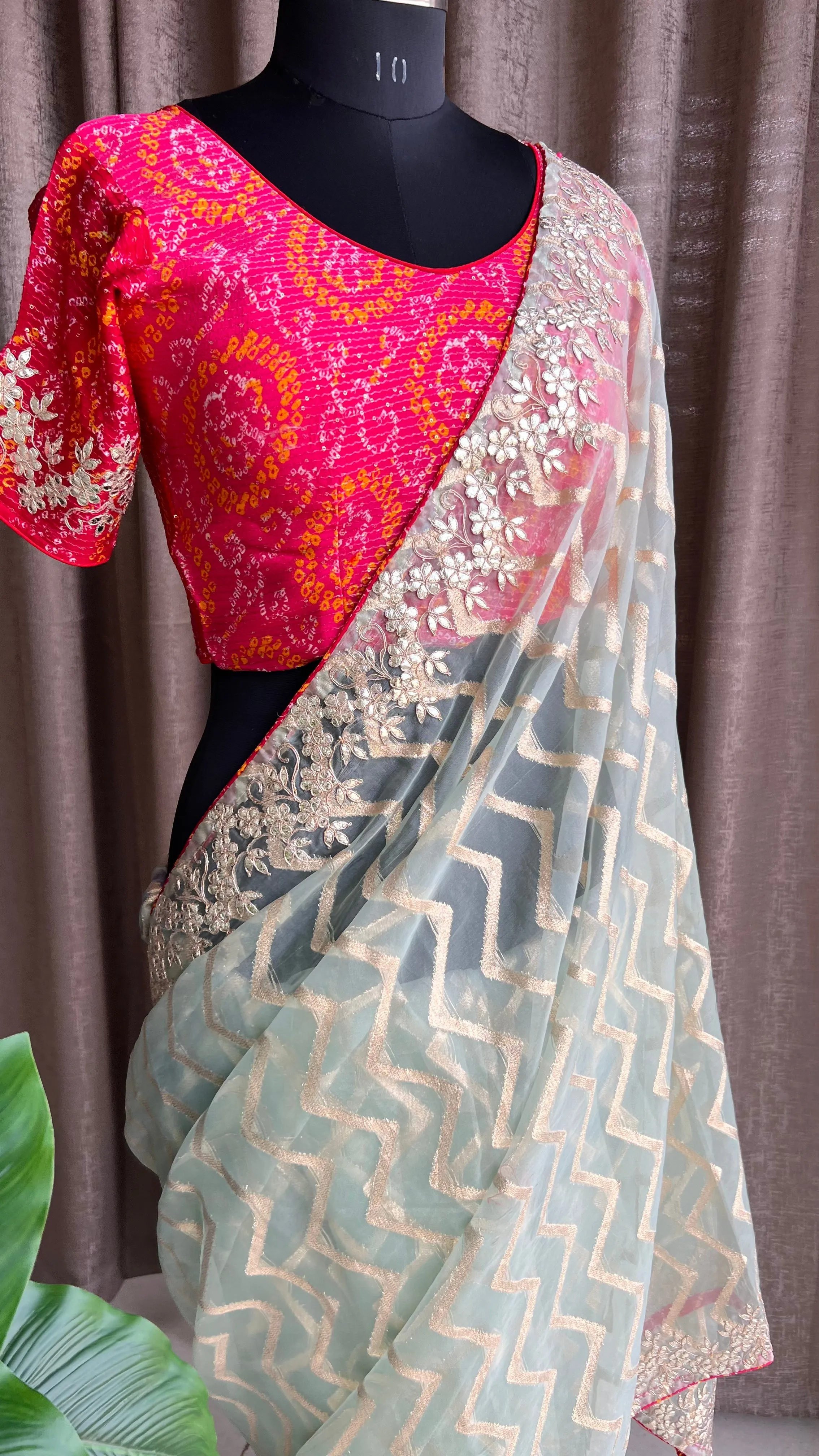 Pista organza saree with chiffon embroidery blouse