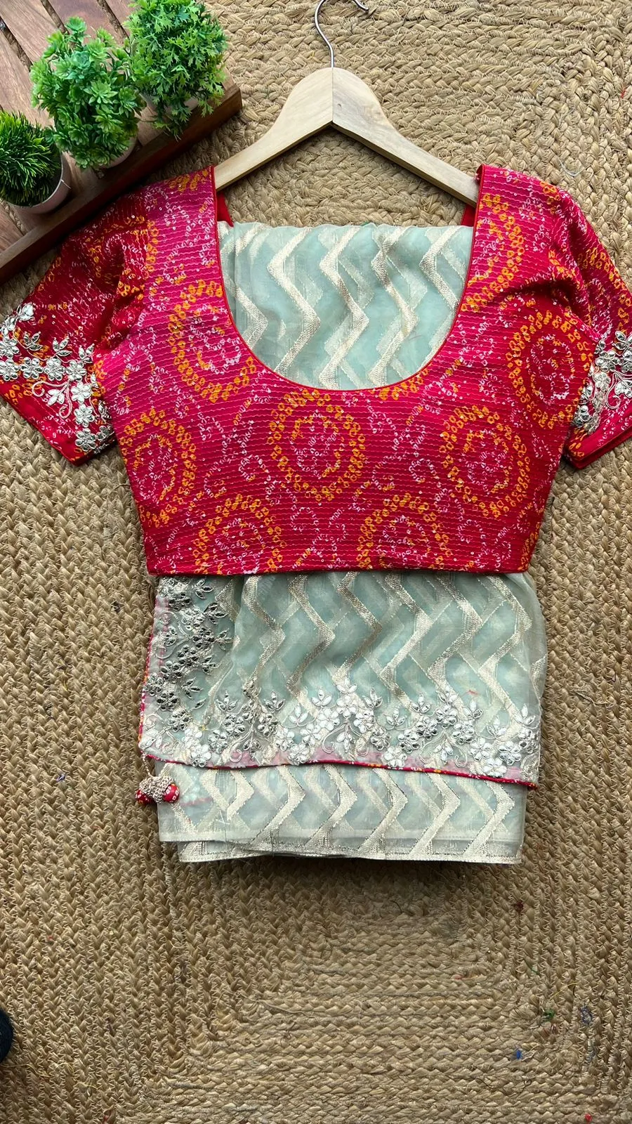 Pista organza saree with chiffon embroidery blouse