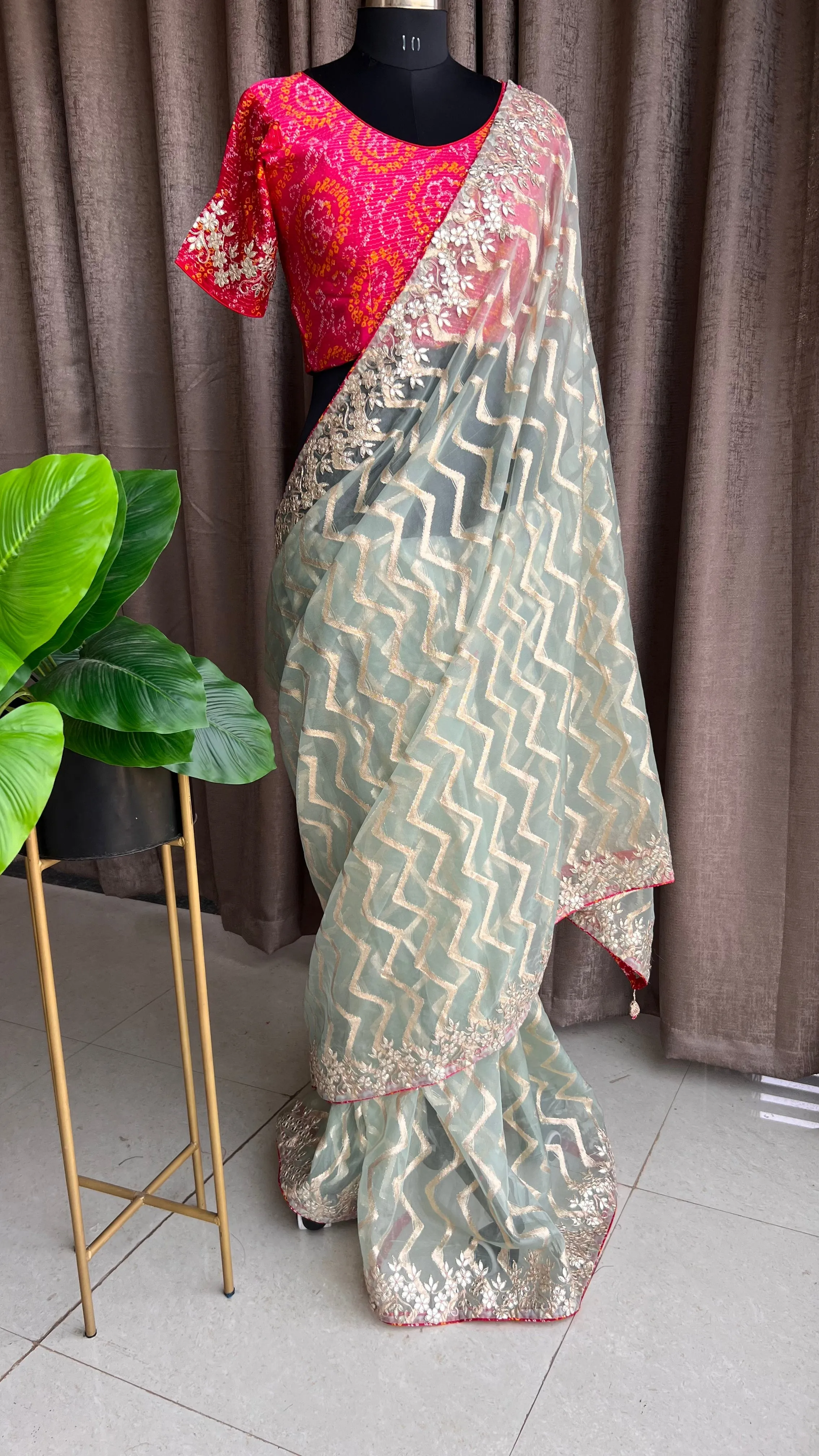 Pista organza saree with chiffon embroidery blouse