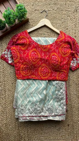 Pista organza saree with chiffon embroidery blouse