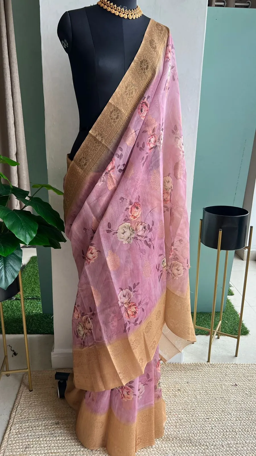 Powder pink organza saree with blouse