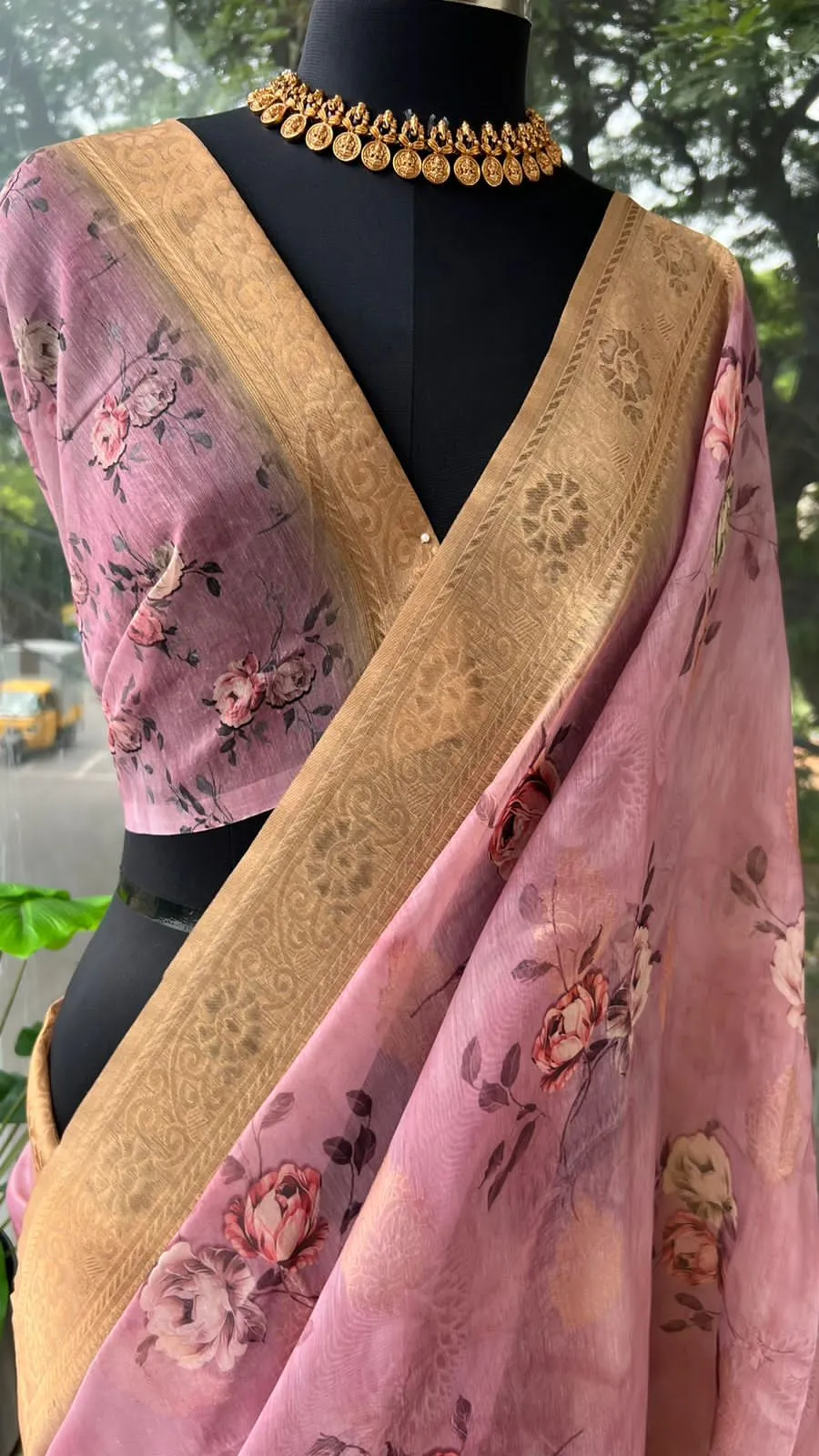 Powder pink organza saree with blouse