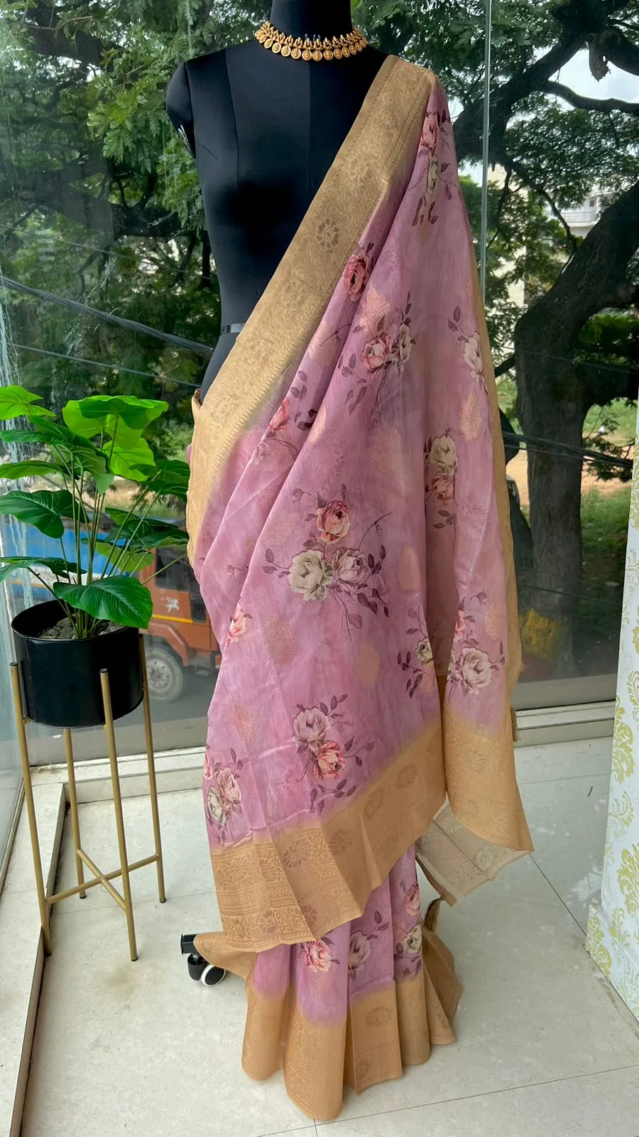 Powder pink organza saree with blouse