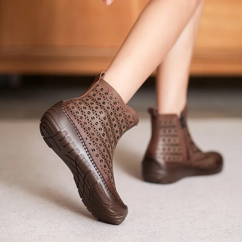 Women Casual Hollow Leather Handmade Ankle Boots