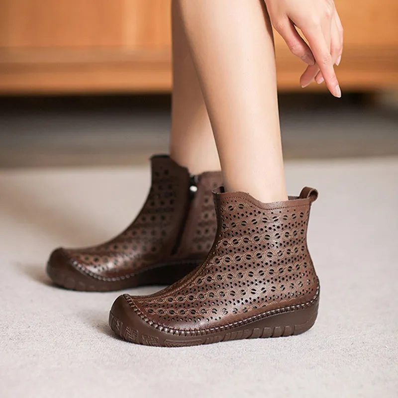 Women Casual Hollow Leather Handmade Ankle Boots