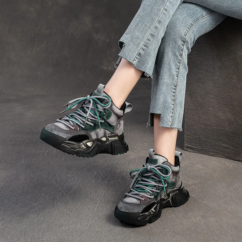 Women Fashion Patchwork Leather Chunky Platform Sneakers