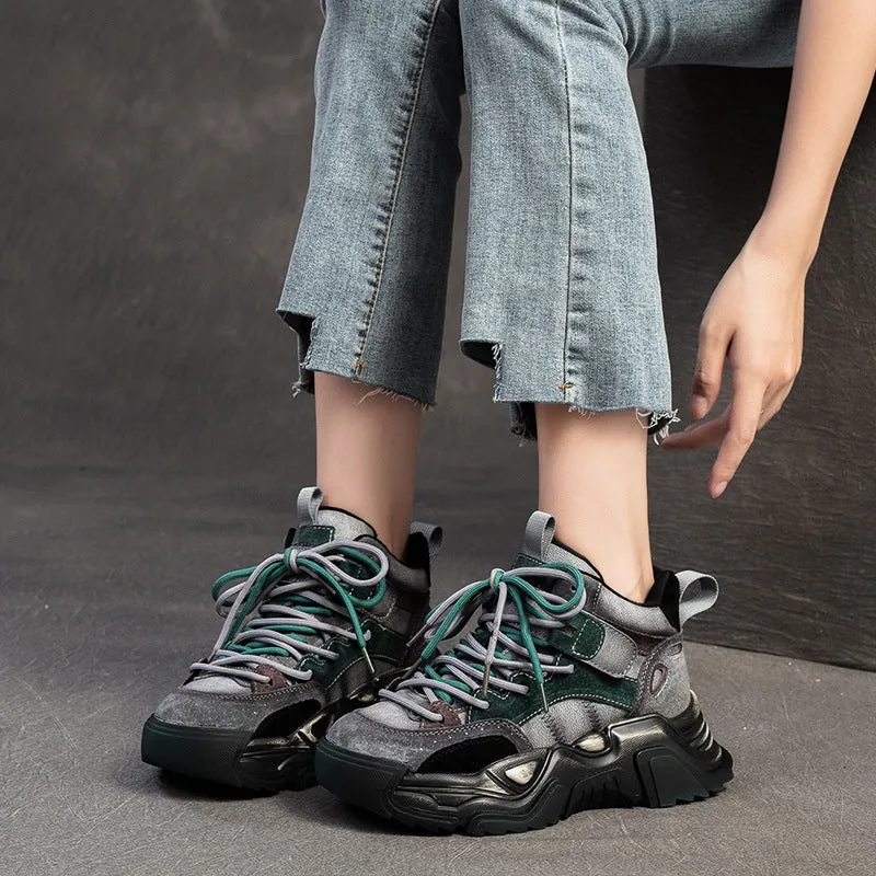 Women Fashion Patchwork Leather Chunky Platform Sneakers