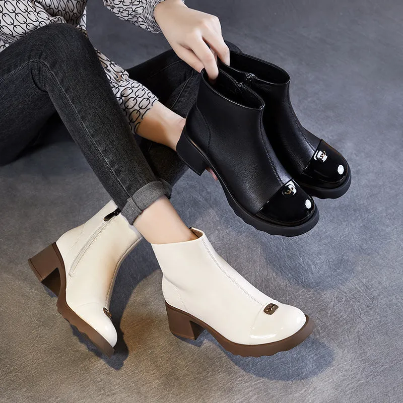 Women Minimalism Leahter Chunky Heel Ankle Boots