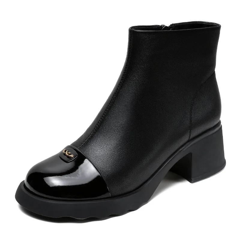 Women Minimalism Leahter Chunky Heel Ankle Boots